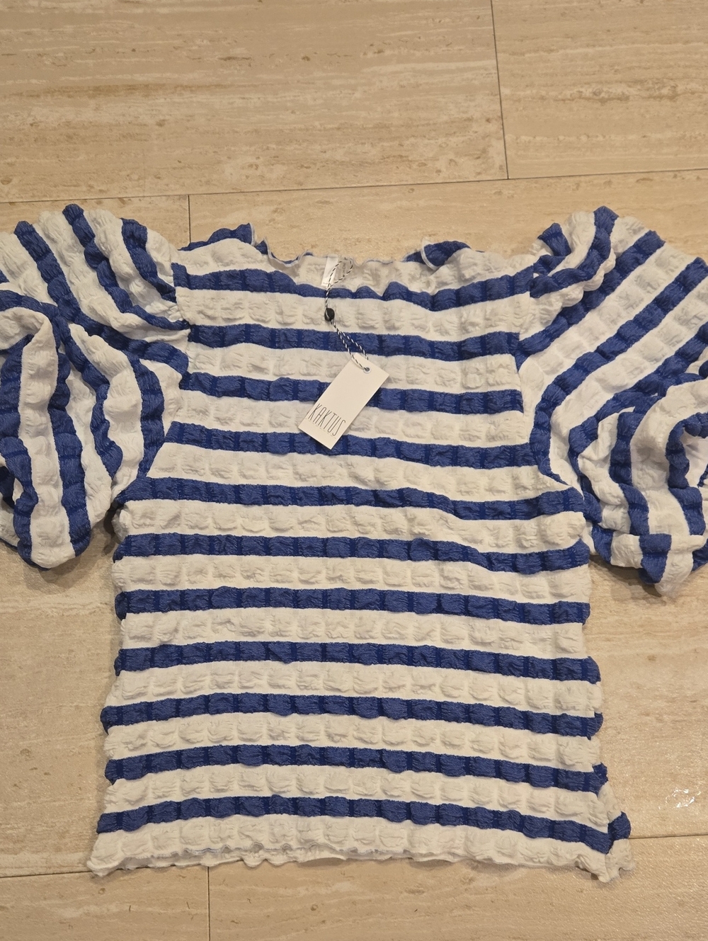 New Kaktus Blue/White Striped Textured Poof Sleeve Top